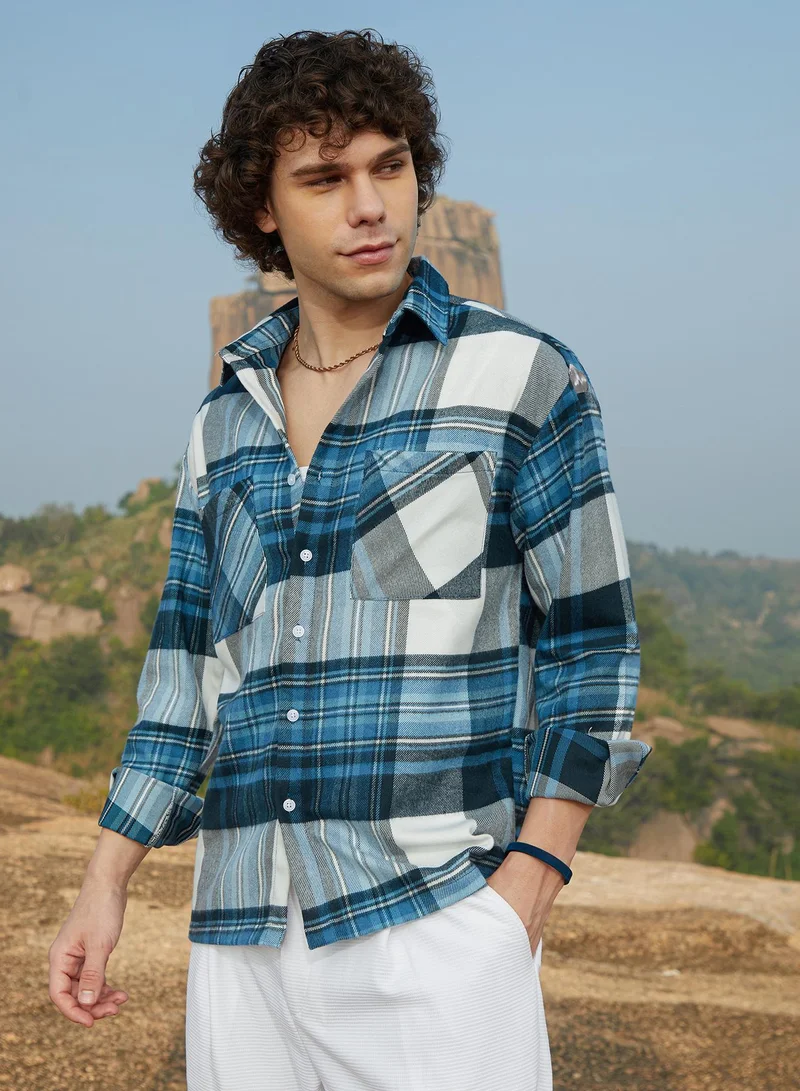 CAHOOT  Men's Azure Blue & Ash Grey Plaid Utility Oversized Shirt for Men | Best Price UAE