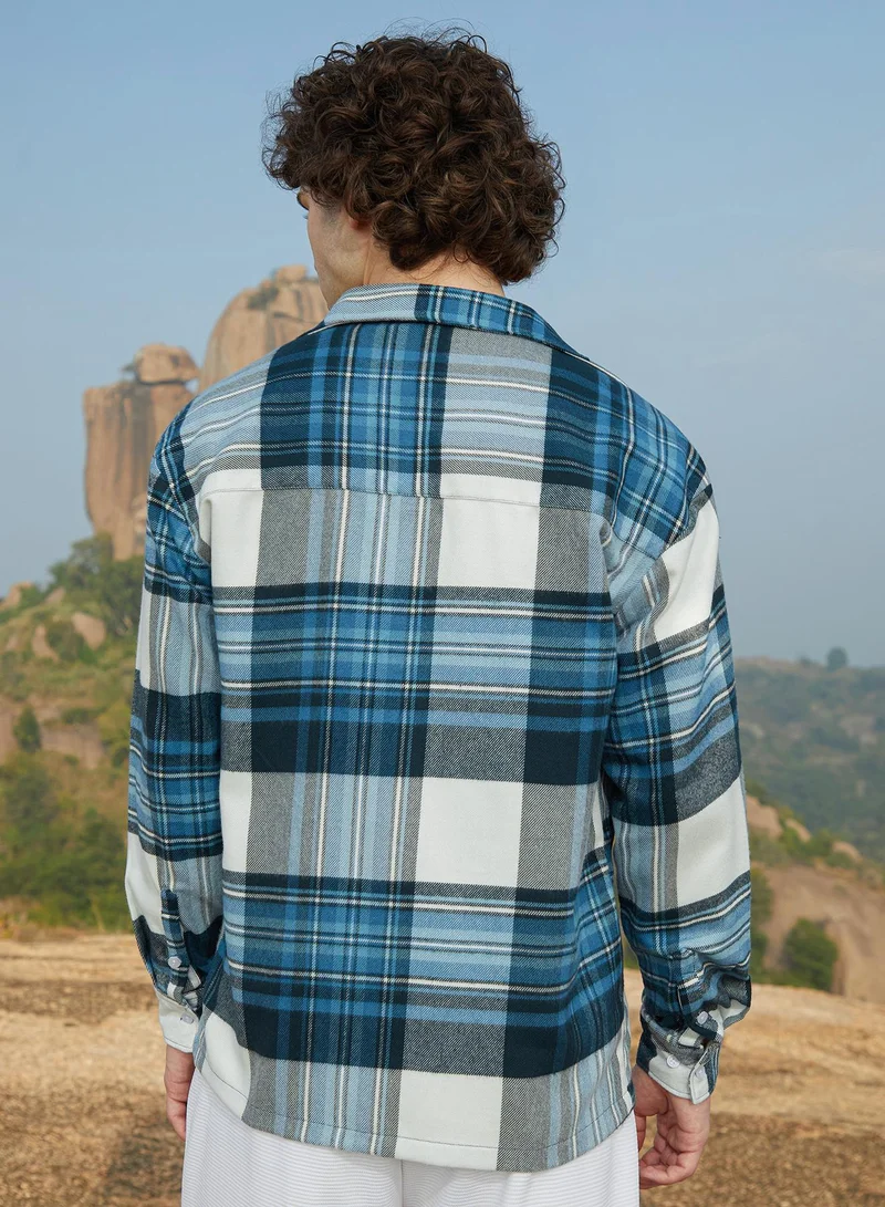 CAHOOT  Men's Azure Blue & Ash Grey Plaid Utility Oversized Shirt for Men | Best Price UAE