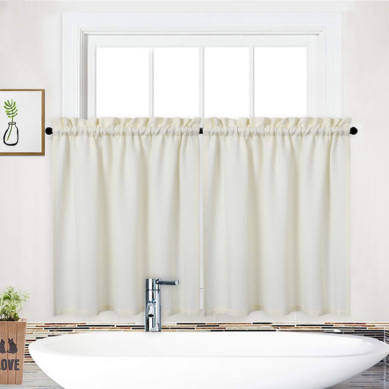 NANAN Bathroom Curtains Window Waffle Weave Textured Short Tier Curtain Waterproof Window Covering Kitchen Cafe Curtains 30 x 36 Ivory Set of 2