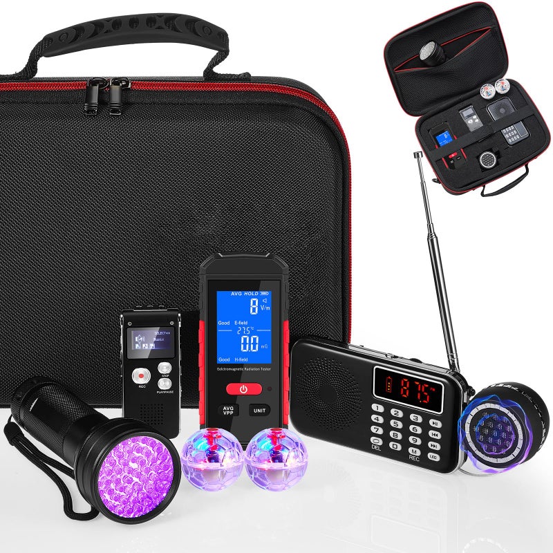 Dunzy 8 Pcs Ghost Hunting Equipment Kit, Include 1 Emf Meter 1 Spirit Ghost Hunting Research Case 1 Voice Recorders 1 Flashlight 1 Speaker 2 Motion Light up Cat Balls and 1 Fm Radio(Emf Meter 4) - Image 1