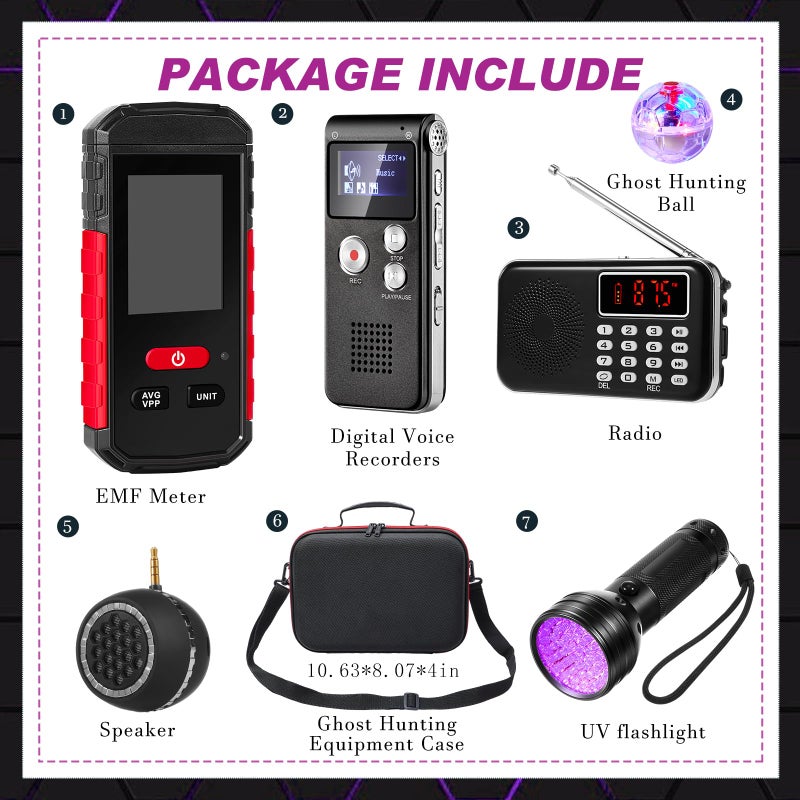 Dunzy 8 Pcs Ghost Hunting Equipment Kit, Include 1 Emf Meter 1 Spirit Ghost Hunting Research Case 1 Voice Recorders 1 Flashlight 1 Speaker 2 Motion Light up Cat Balls and 1 Fm Radio(Emf Meter 4) - Image 2