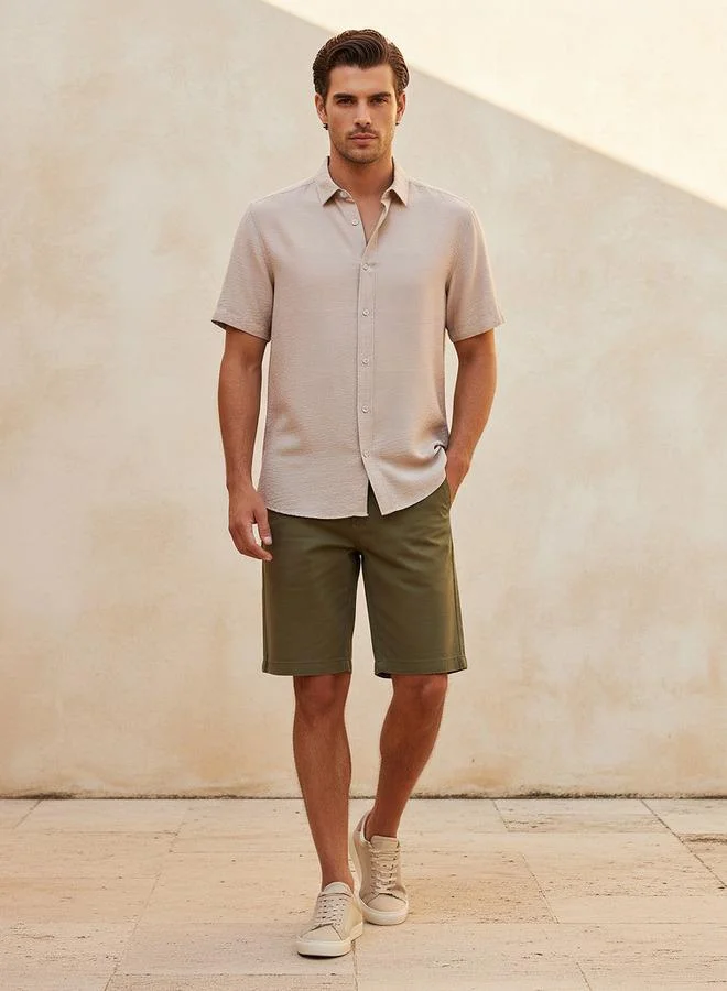 Splash FAV BEIGE Men Regular Fit Collared Crinkle Textured Short Sleeves Shirt for Men | Best Price UAE