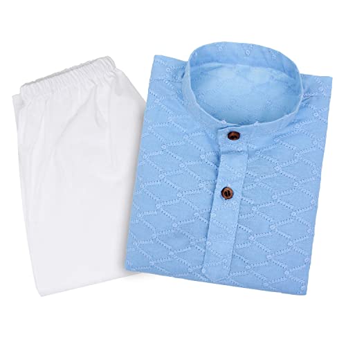 superminis Baby Boys Ethnic Wear Colored Cotton Chikankari Kurta, Round Collar, Full Sleeves With White Pyjama, Kurta Set (Sky Blue, 6-12 Months) - Image 1