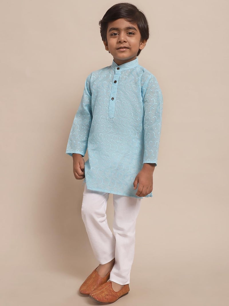 superminis Baby Boys Ethnic Wear Colored Cotton Chikankari Kurta, Round Collar, Full Sleeves With White Pyjama, Kurta Set (Sky Blue, 6-12 Months) - Image 2