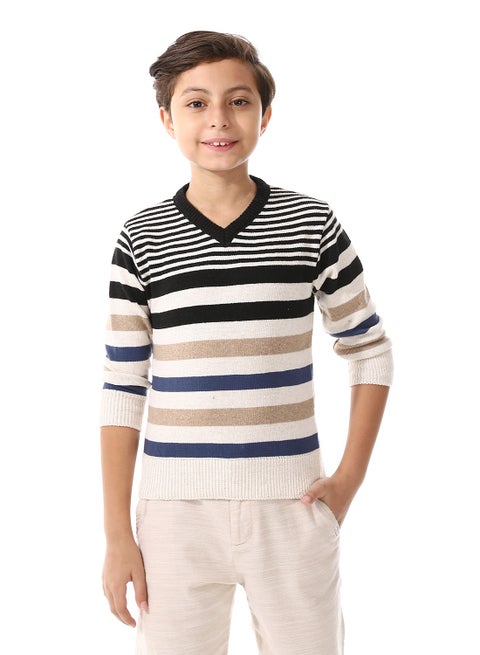 V-Neck Slip On Boys Pullover_Black & Beige