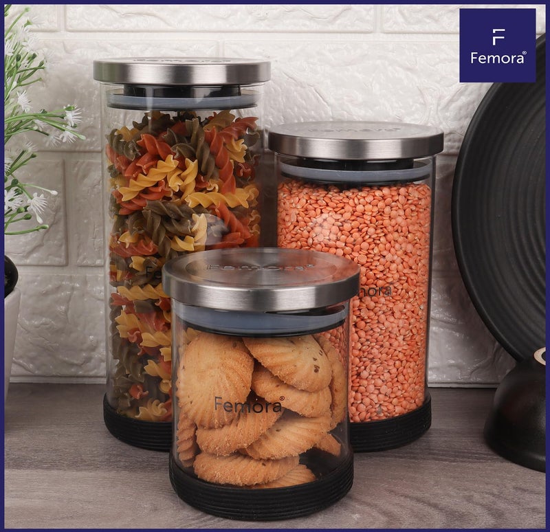 Femora Borosilicate Glass Jar With Silicon Bottom & Airtight Steel Lid| Glass Jar For Kitchen| Kitchen Storage Jars|1 Year Warranty|Jars for Gifting, Snacks, Spice, Cookies, Dry Food|1300 ML|Set Of 2 - Image 3