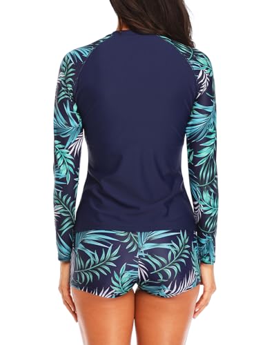 Daci Women Blue Leaves Two Piece Rash Guard Long Sleeve Swimsuits UV UPF 50+ Swim Shirt Bathing Suit with Boyshort Bottom L - Image 2