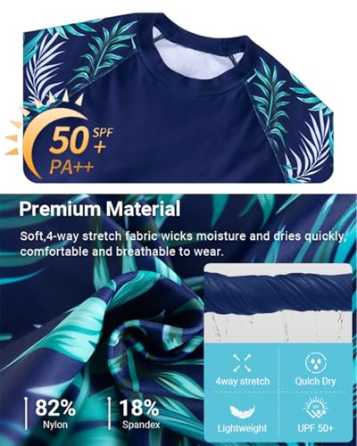 Daci Women Blue Leaves Two Piece Rash Guard Long Sleeve Swimsuits UV UPF 50+ Swim Shirt Bathing Suit with Boyshort Bottom L - Image 4