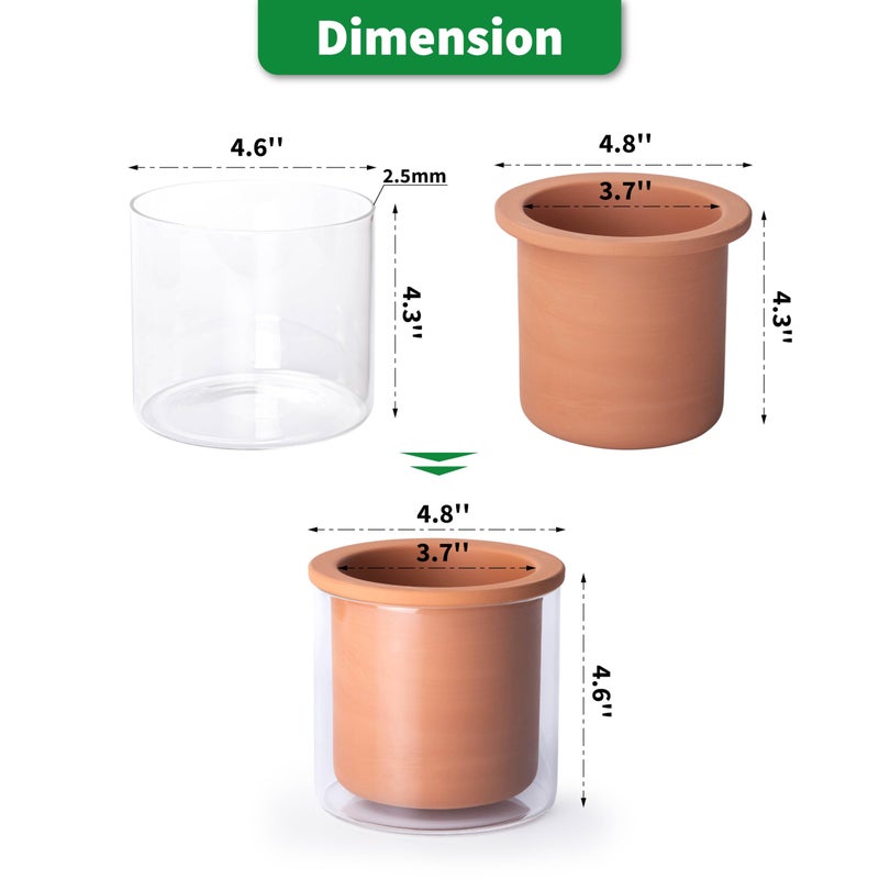 Phoenix Vine 4 Inch Self Watering Plants Pot, Design Terracotta Pot for Plants, Indoor Cylinder Terra Cotta Planter with Glass Vase, Set of 4, 51-A-E-4 - Image 3