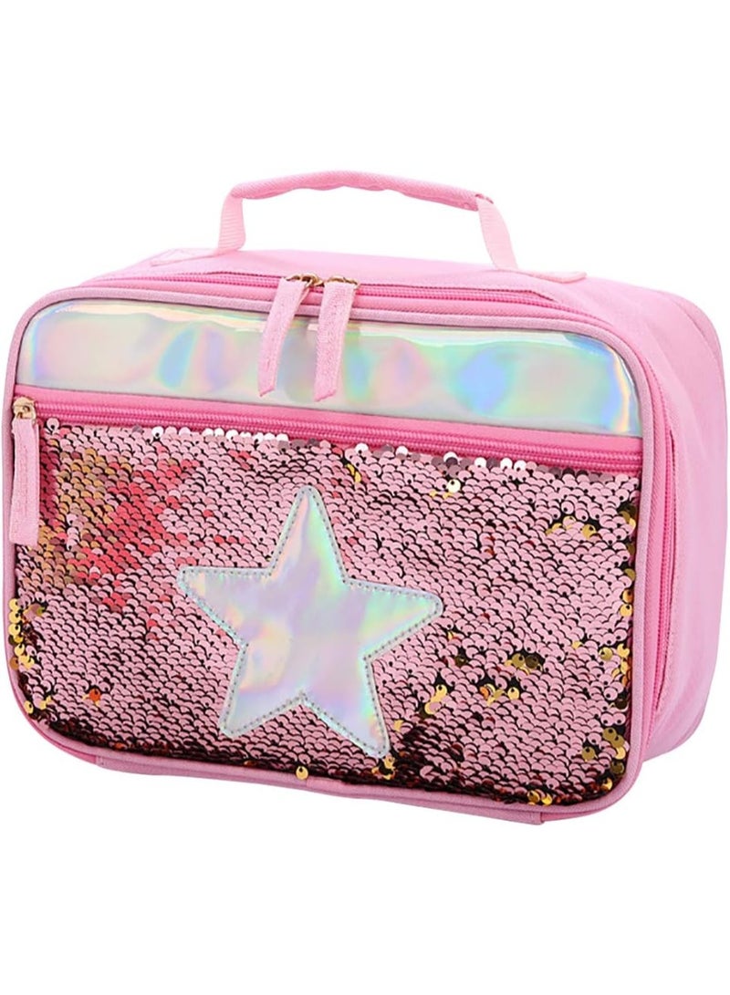 SYOSI Handheld Lunch Box, Reusable Insulated Flip Sequins Lunch Tote Bag Handheld Box Roomy Carry Bag Lunchbox Gifts for Women,Kids Lunch Box Glittering Shining Travel Meal Tote Kit (Pink Star) - Image 1