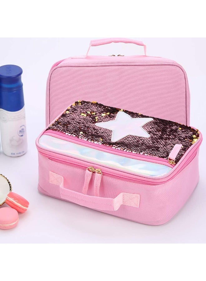 SYOSI Handheld Lunch Box, Reusable Insulated Flip Sequins Lunch Tote Bag Handheld Box Roomy Carry Bag Lunchbox Gifts for Women,Kids Lunch Box Glittering Shining Travel Meal Tote Kit (Pink Star) - Image 5