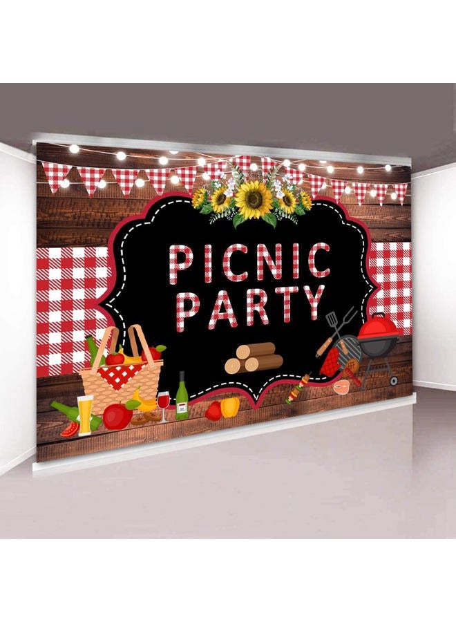Withu Picnic Party Backdrop Wooden Red White Checkered Mat String Lights BBQ Photography Background Sunflower Outdoor Barbecue Decorations Banner Photo Booth Props 7x5ft - Image 2