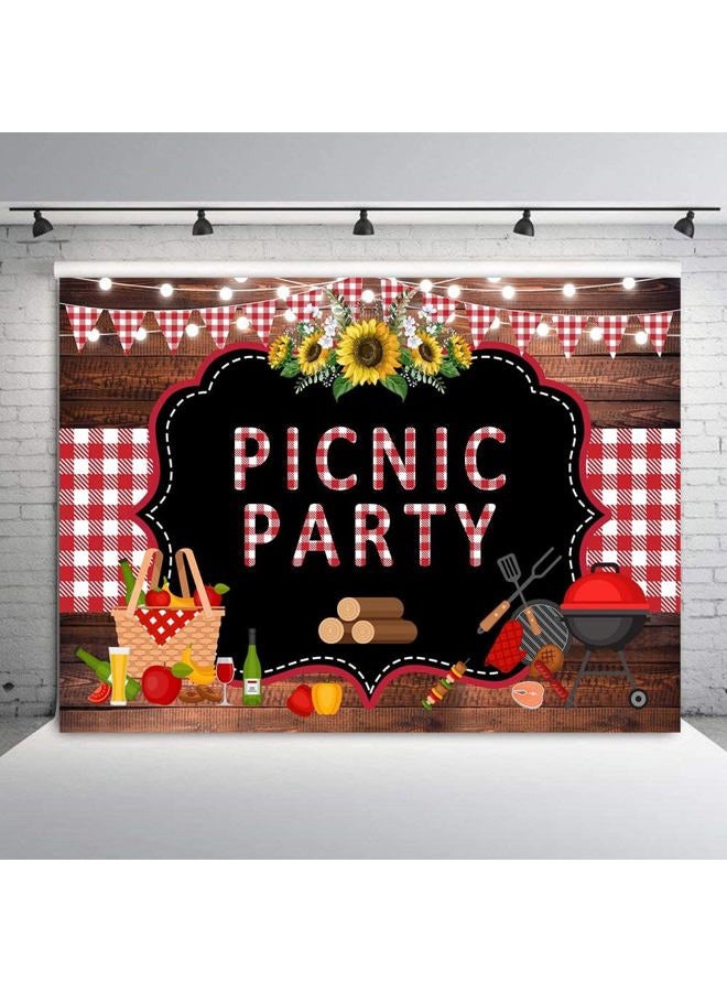 Withu Picnic Party Backdrop Wooden Red White Checkered Mat String Lights BBQ Photography Background Sunflower Outdoor Barbecue Decorations Banner Photo Booth Props 7x5ft - Image 5