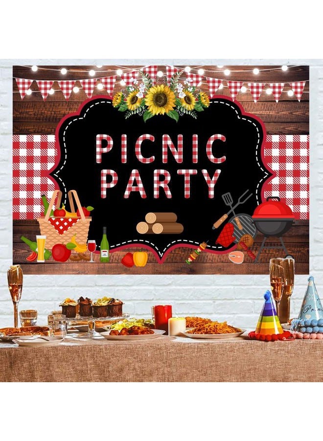 Withu Picnic Party Backdrop Wooden Red White Checkered Mat String Lights BBQ Photography Background Sunflower Outdoor Barbecue Decorations Banner Photo Booth Props 7x5ft - Image 4