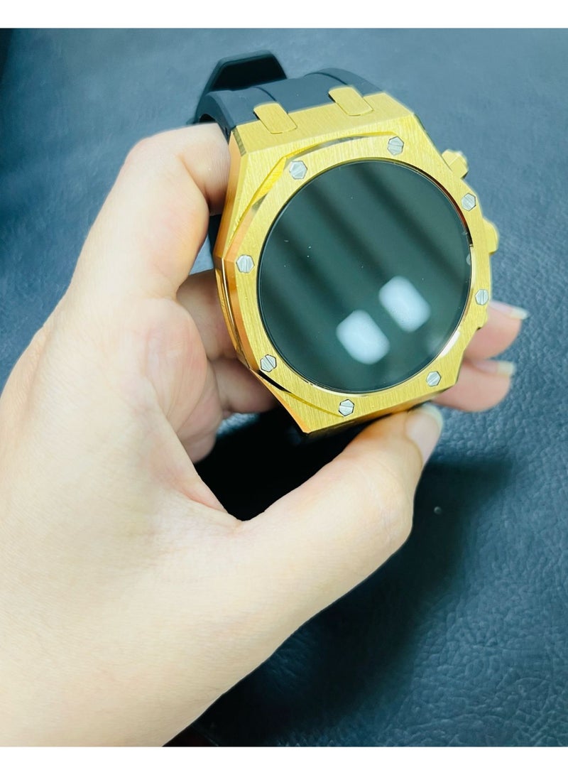 Raxoom Soft Silicone Strap Metal Case For G-Shock multi function smart watch with golden and black color  - Image 1