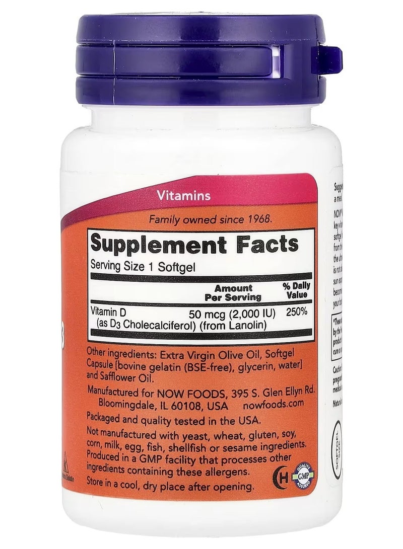 NOW Foods, Vitamin D-3, 2,000 IU, 30 Softgels - Image 2