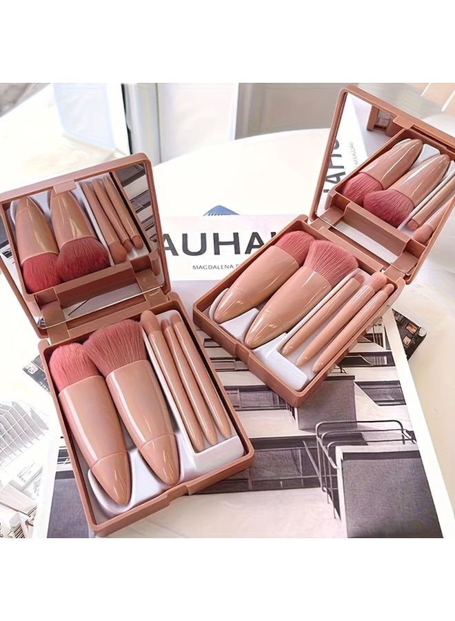 5pcs Mini Makeup Brush Set Bean Paste Color Mirror Travel Kit Heart Shaped Bristles Portable Foundation Blush Eyeshadow Contouring - Image 2