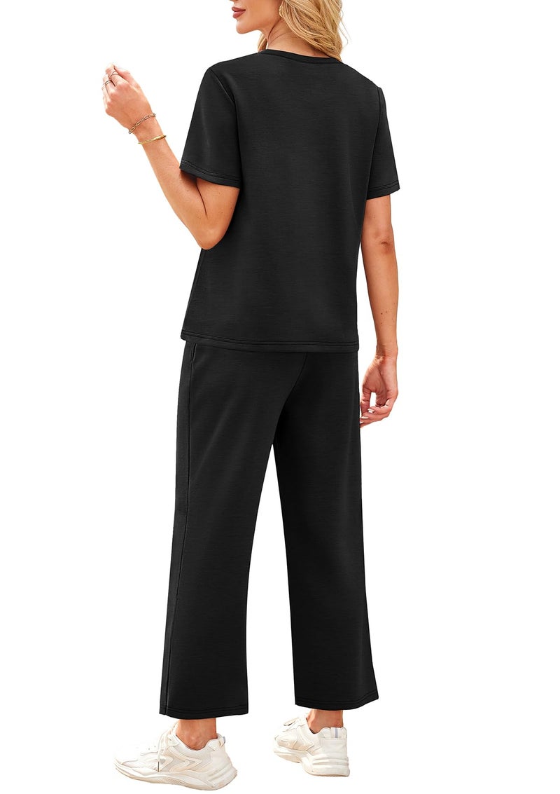 WIHOLL Travel Outfits for Women 2 Piece Sets Summer 2026 Vacation Cruise Business Casual Outfits Tropical Wide Leg Crop Pants Conjuntos De 2 Piezas Para Mujer Black 2XL - Image 5