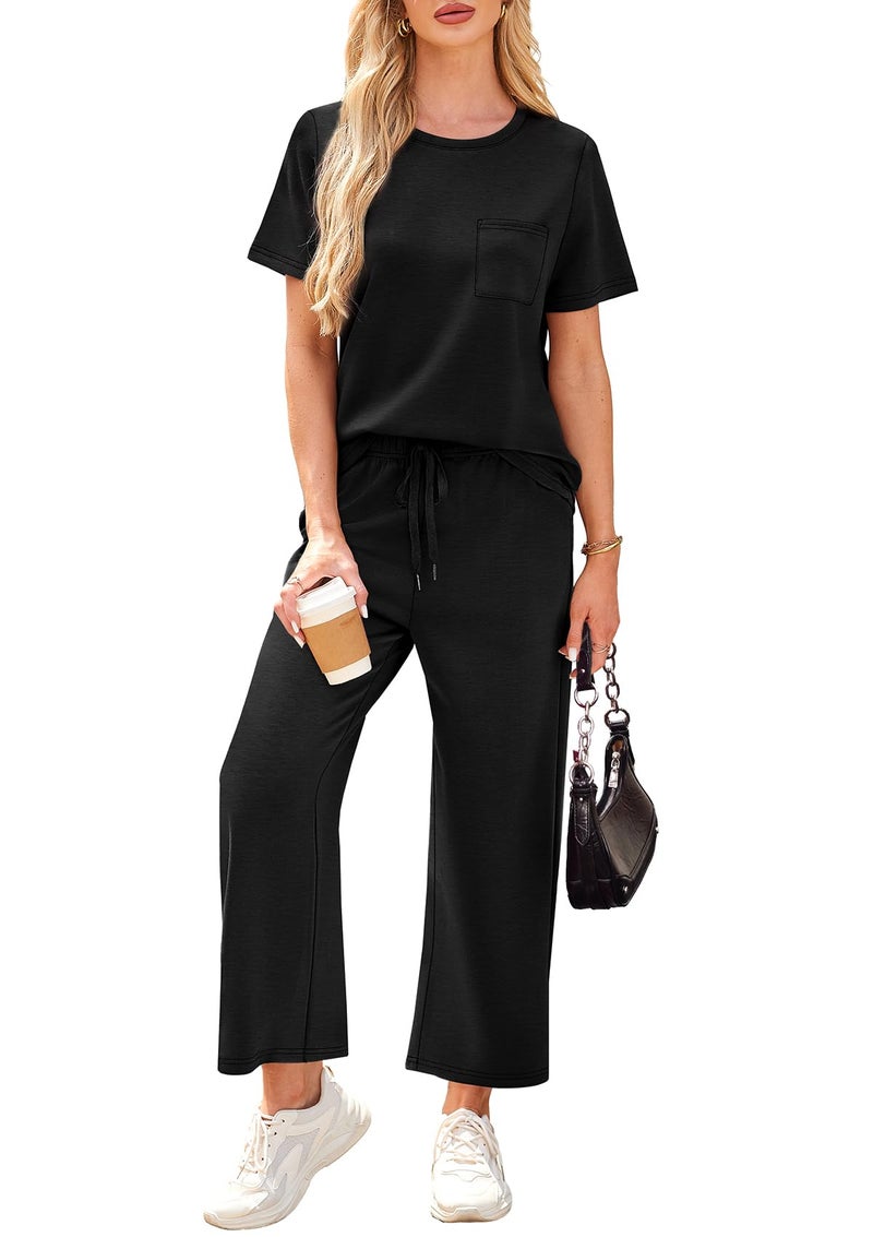 WIHOLL Travel Outfits for Women 2 Piece Sets Summer 2026 Vacation Cruise Business Casual Outfits Tropical Wide Leg Crop Pants Conjuntos De 2 Piezas Para Mujer Black 2XL - Image 3