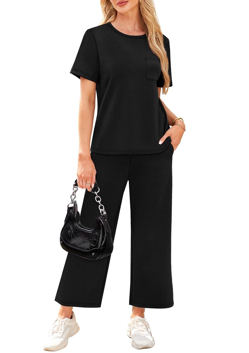 WIHOLL Travel Outfits for Women 2 Piece Sets Summer 2026 Vacation Cruise Business Casual Outfits Tropical Wide Leg Crop Pants Conjuntos De 2 Piezas Para Mujer Black 2XL - Image 4