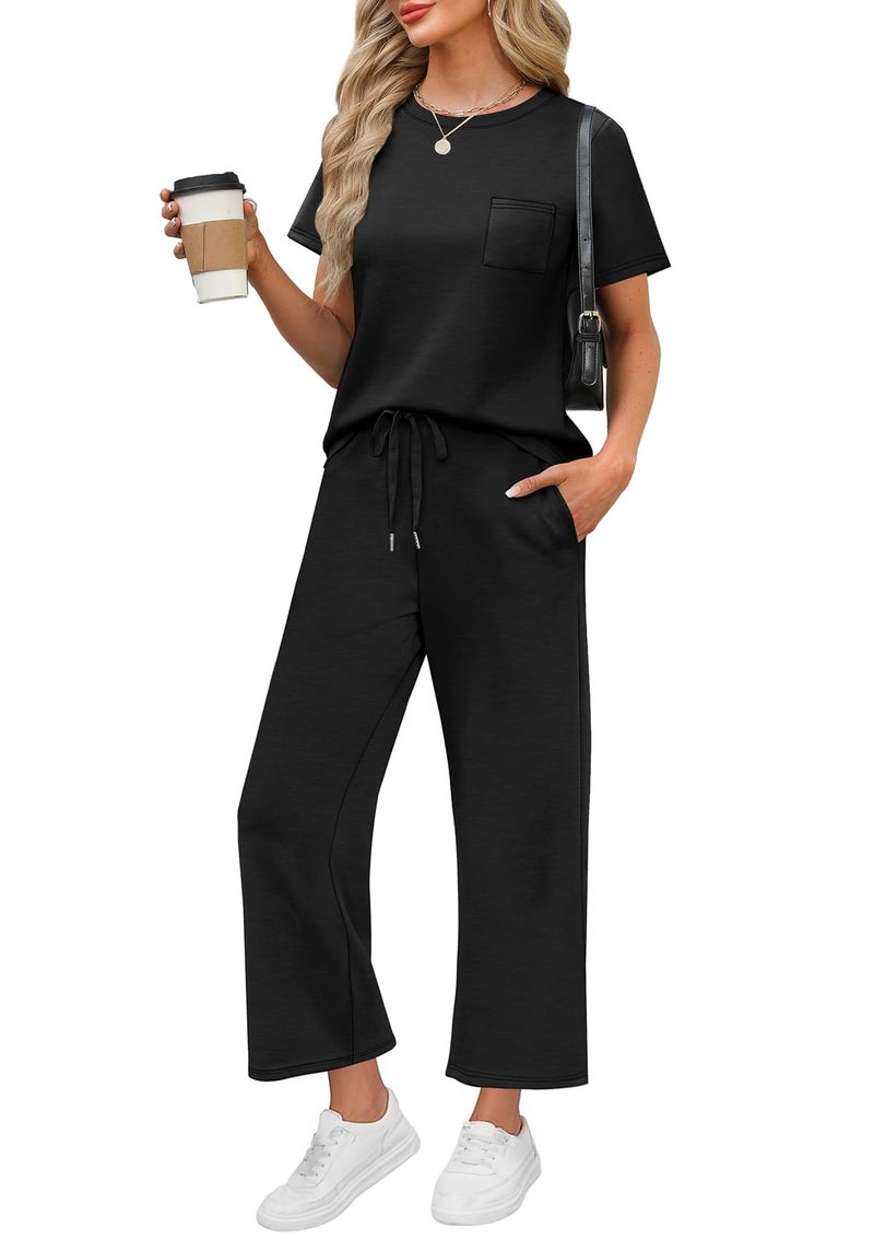 WIHOLL Travel Outfits for Women 2 Piece Sets Summer 2026 Vacation Cruise Business Casual Outfits Tropical Wide Leg Crop Pants Conjuntos De 2 Piezas Para Mujer Black 2XL - Image 1
