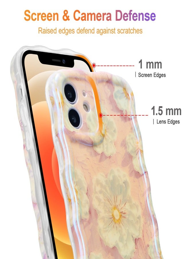 EYZUTAK جراب EYZUTAK لهاتف iPhone 12، بنمط زهور ملون مستوحى من اللوحات الزيتية القديمة، بنقشة ليزر لامعة وحواف مموجة لطيفة، غطاء هاتف أنيق ومتين من مادة TPU، مناسب للفتيات والسيدات - لون وردي فاتح - Image 4