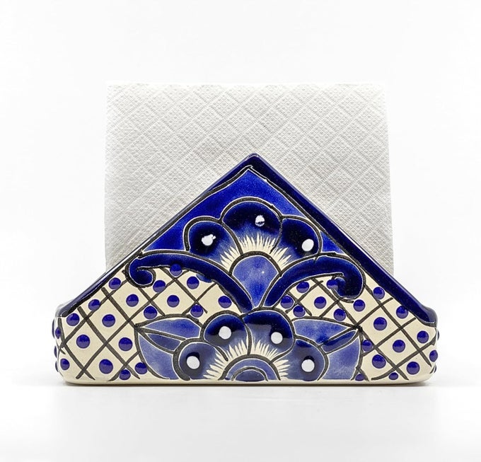 CERAMIC NAPKIN HOLDER AUTHENTIC MEXICAN POTTERY FOR KITCHEN COUNTERTOP DINNER TABLE INDOOR OUTDOOR USE TISSUE AND LETTER HOLDER MEXICAN STYLE TALAVERA SERVILLETERO BLUE AND WHITE