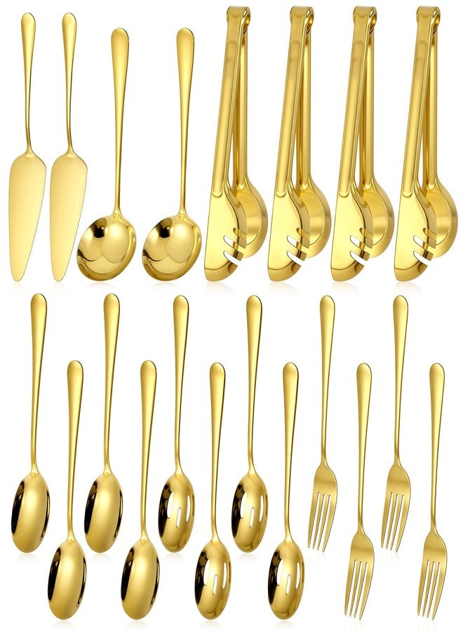 AOZUO Gold Stainless Steel Serving Utensils, Large Serving Spoons Slotted Spoons Forks Soup Ladle Pie Server and Tongs Polished Gold Servings Utensils Setfor Buffet Catering Banquet Party - Image 1