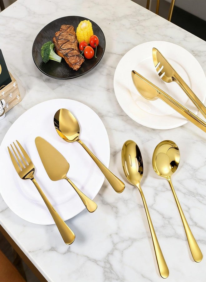 AOZUO Gold Stainless Steel Serving Utensils, Large Serving Spoons Slotted Spoons Forks Soup Ladle Pie Server and Tongs Polished Gold Servings Utensils Setfor Buffet Catering Banquet Party - Image 5