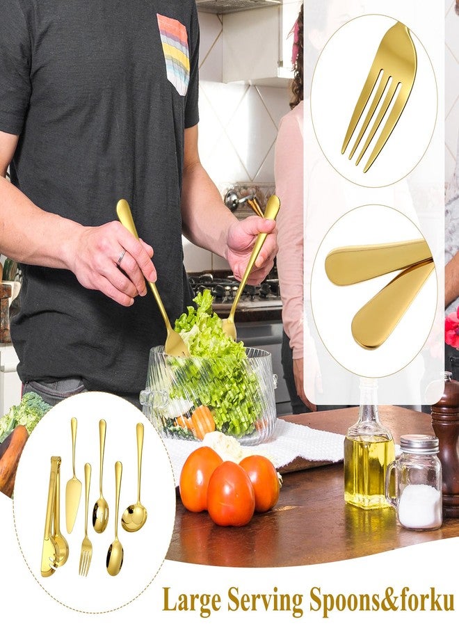 AOZUO Gold Stainless Steel Serving Utensils, Large Serving Spoons Slotted Spoons Forks Soup Ladle Pie Server and Tongs Polished Gold Servings Utensils Setfor Buffet Catering Banquet Party - Image 4