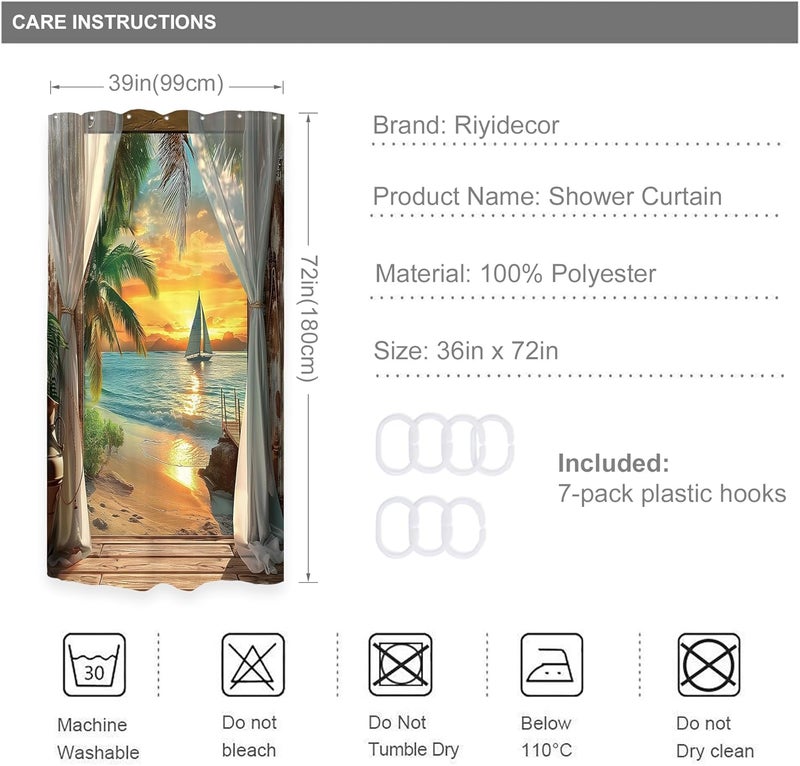 Riyidecor Small Stall Beach Shower Curtain 36Wx72H Inch Seaside Ocean Rv Sea Hawaiian Sunset Tropical Palm Tree Scenery Narrow Barn Door Rustic Bathroom Decor Fabric Polyester Waterproof 7 Pack Hooks - Image 3