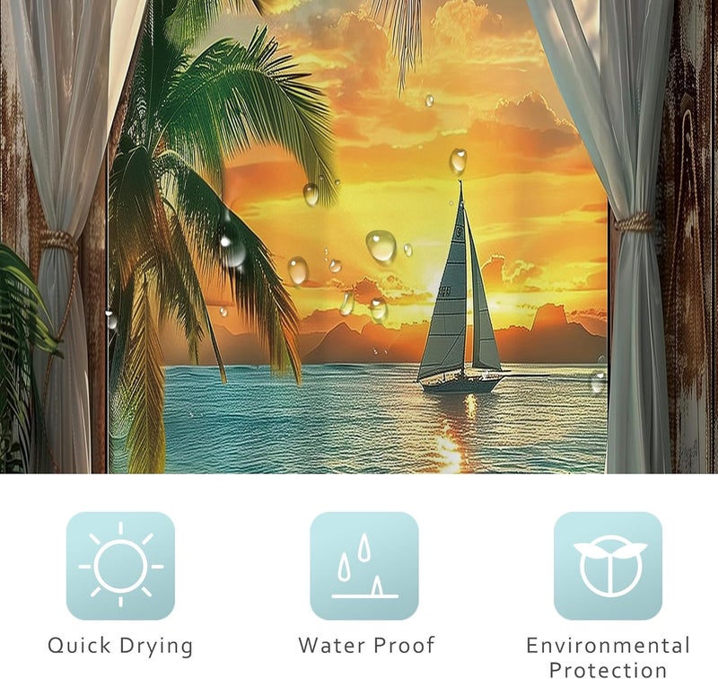 Riyidecor Small Stall Beach Shower Curtain 36Wx72H Inch Seaside Ocean Rv Sea Hawaiian Sunset Tropical Palm Tree Scenery Narrow Barn Door Rustic Bathroom Decor Fabric Polyester Waterproof 7 Pack Hooks - Image 4