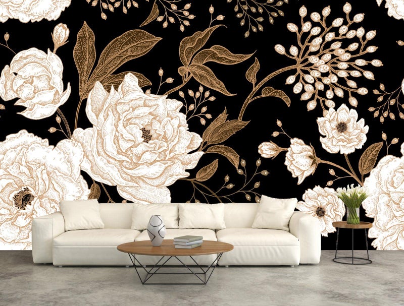 Reyhui Wall Mural Peonies and Roses Floral Vintage Wallpaper Seamless Gold White Flowers Wall Coverings for Living Room Bedroom Kids Roomï¼ˆNot Peel and Stickï¼‰ - Image 4