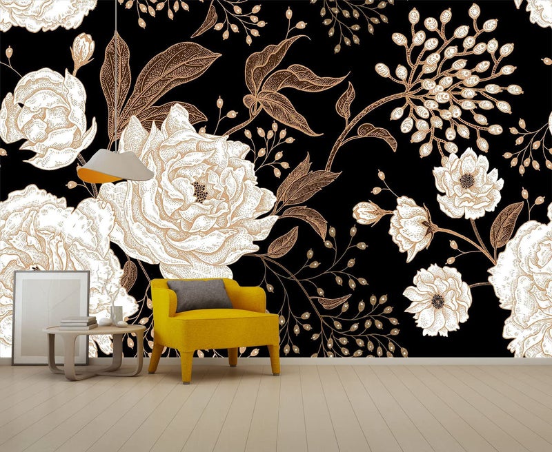 Reyhui Wall Mural Peonies and Roses Floral Vintage Wallpaper Seamless Gold White Flowers Wall Coverings for Living Room Bedroom Kids Roomï¼ˆNot Peel and Stickï¼‰ - Image 3