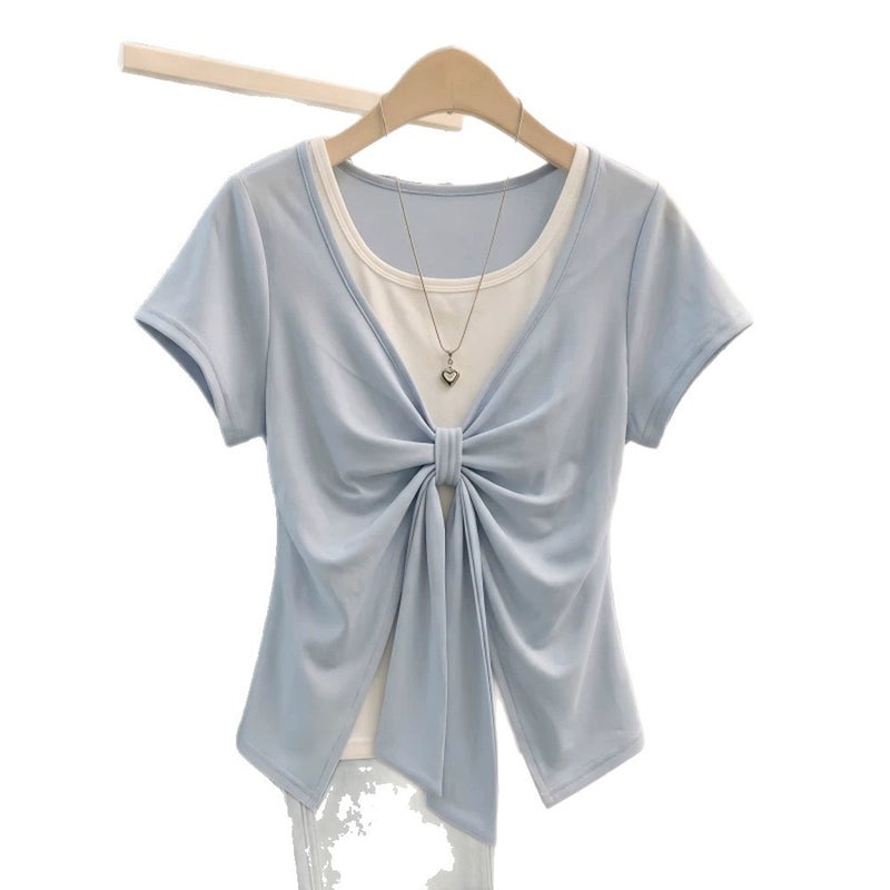 Women's Plus Size Short Sleeve T-Shirt with Ribbon Bow Layered Design - Image 5