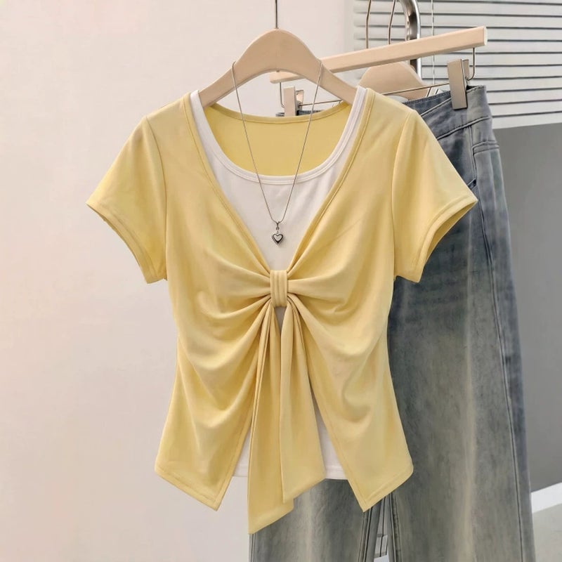 Women's Plus Size Short Sleeve T-Shirt with Ribbon Bow Layered Design - Image 4