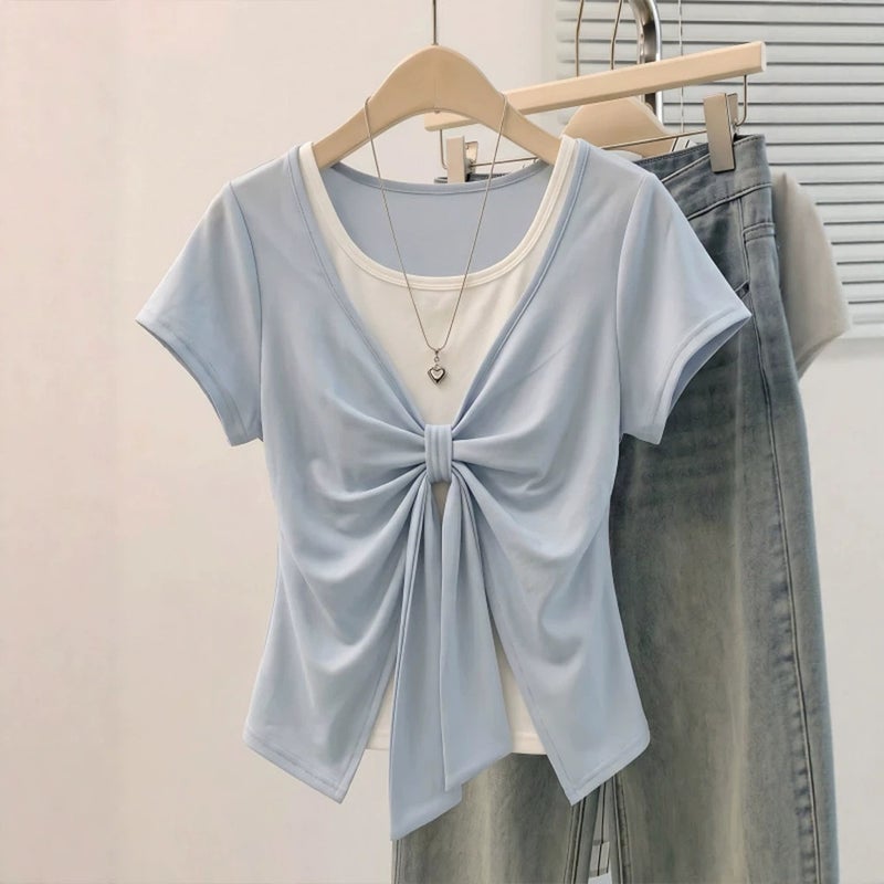 Women's Plus Size Short Sleeve T-Shirt with Ribbon Bow Layered Design - Image 3