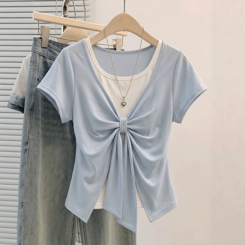 Women's Plus Size Short Sleeve T-Shirt with Ribbon Bow Layered Design - Image 1