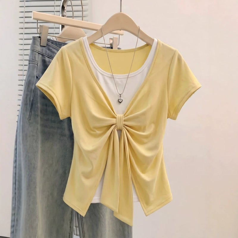 Women's Plus Size Short Sleeve T-Shirt with Ribbon Bow Layered Design - Image 2