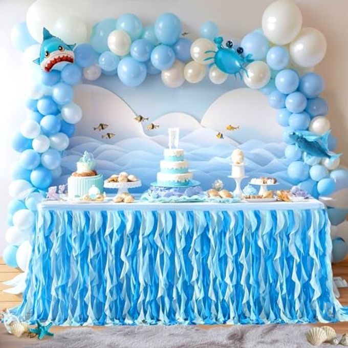 Partisky Ocean Blue Tulle Tutu Ruffle Curly Willow Table Skirt for Rectangle Table 6ft,Under The Sea Baby Shark Themed Table Cloth for Boys Girls Birthday Party or Baby Shower