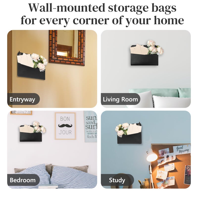 MSHUNKEJI Wall Mount PU Leather Mail Holder Black Faux Leather Letter Holder 2 Ring PU Leather File Organizer Stylish Wall Hanging Mail Storage for Flowers Envelope Key Notebooks Home Office Decor - Image 4