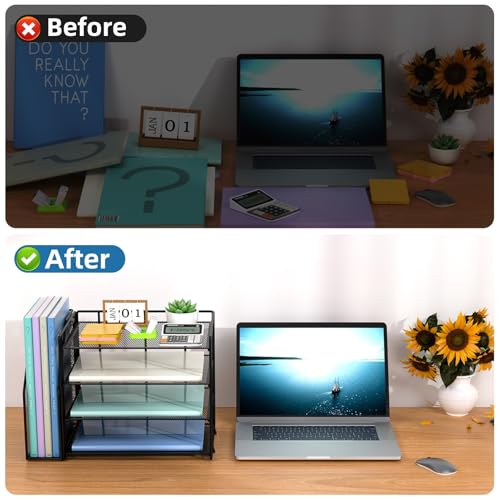 Marbrasse Desk Organizer and Accessories4Tier Paper Letter Tray Organizer with File HolderDesk Accessories Workspace Desktop Organizers for School Home Office Supplies Black - Image 3