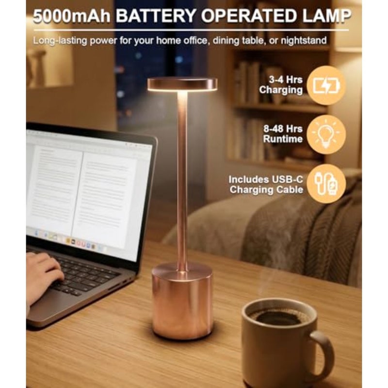 Cordless Table Lamps Rechargeable Set of 2, Portable LED Desk Lamp, 5000mAh Battery Powered Wireless Table Light - 3 Color Dimmable Lighting for Restaurant Dining Patio Outdoor Bedroom Rose Gold - Image 2