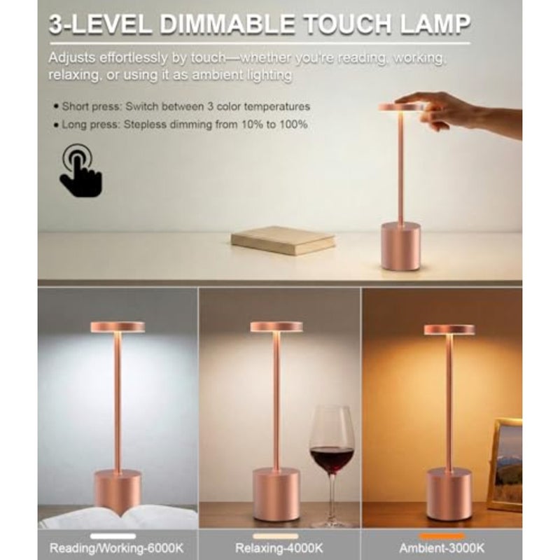 Cordless Table Lamps Rechargeable Set of 2, Portable LED Desk Lamp, 5000mAh Battery Powered Wireless Table Light - 3 Color Dimmable Lighting for Restaurant Dining Patio Outdoor Bedroom Rose Gold - Image 3