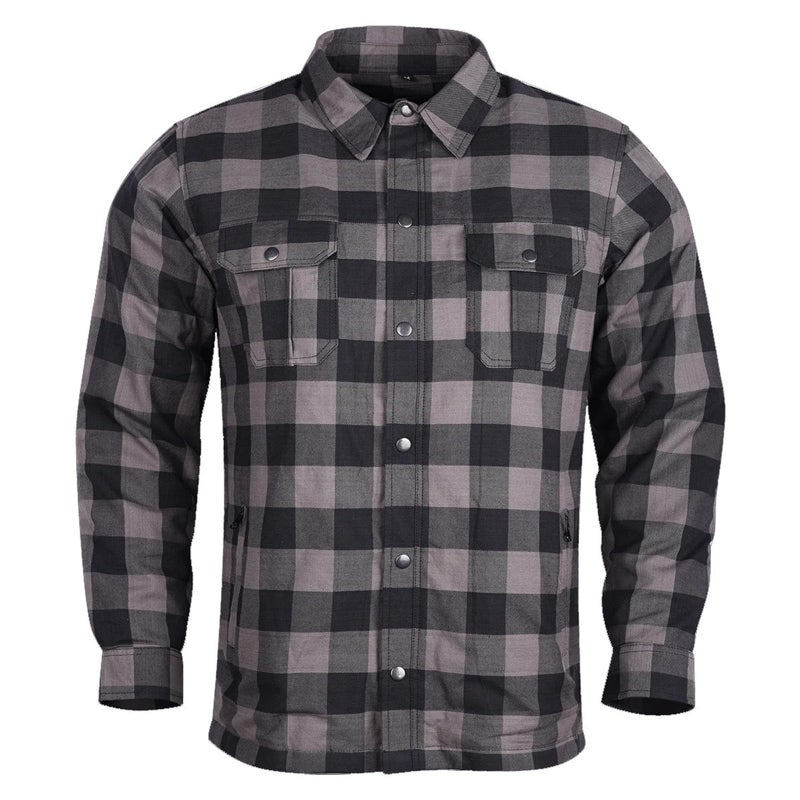 Vance Leather Mens Armored Checkered Flannel Biker Shirt, Multiple Waterproof Storage Pockets CE Approved Armor Reinforced Water Resistant (Grey, XL) - Image 1