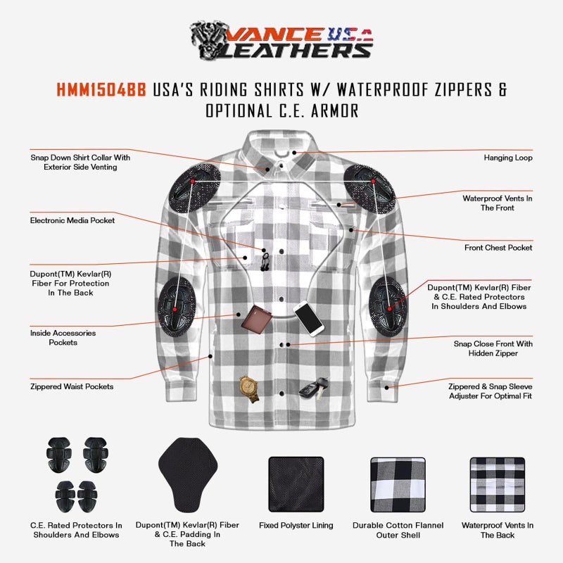 Vance Leather Mens Armored Checkered Flannel Biker Shirt, Multiple Waterproof Storage Pockets CE Approved Armor Reinforced Water Resistant (Grey, XL) - Image 5