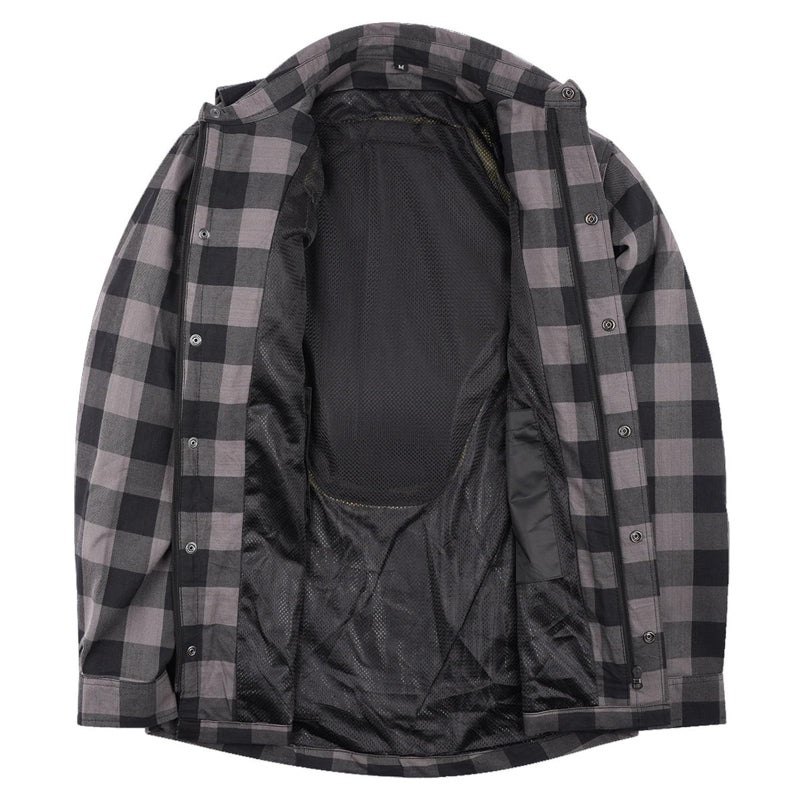 Vance Leather Mens Armored Checkered Flannel Biker Shirt, Multiple Waterproof Storage Pockets CE Approved Armor Reinforced Water Resistant (Grey, XL) - Image 4