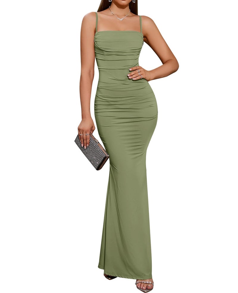EYNMIN Women's Sleeveless Bodycon Corset Maxi Dress Spaghetti Strap Ruched Elegant Evening Wedding Guest Long Formal Dresses Mint M - Image 1