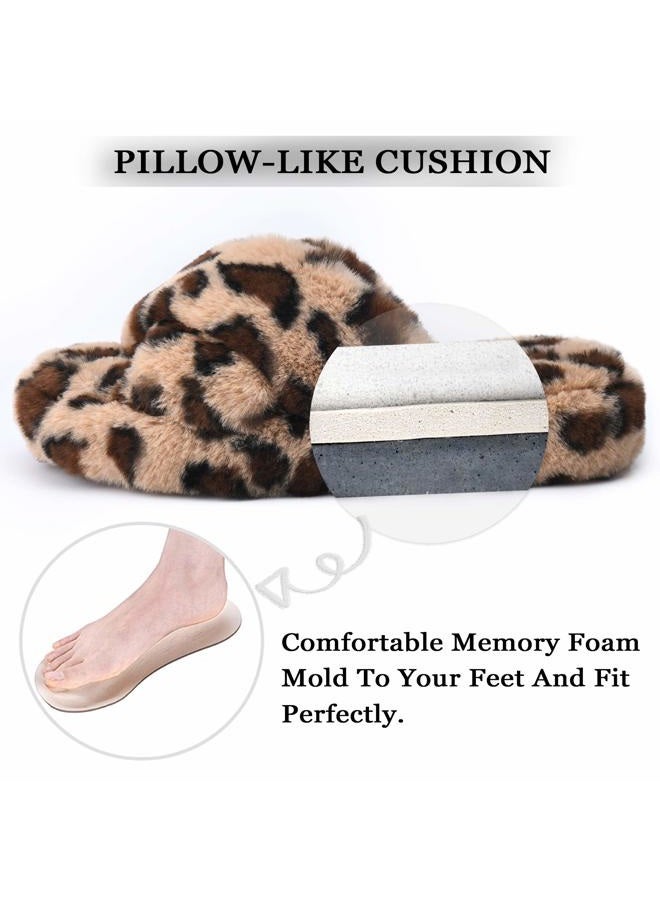 DL Fluffy Womens House Slippers Cross Band Open Toe, Soft Plush Fleece Bedroom Slippers Women Memory Foam, Comfy Fuzzy Slip On Non-Slip Womens Slippers Indoor Leopard Size 7-8 - Image 4