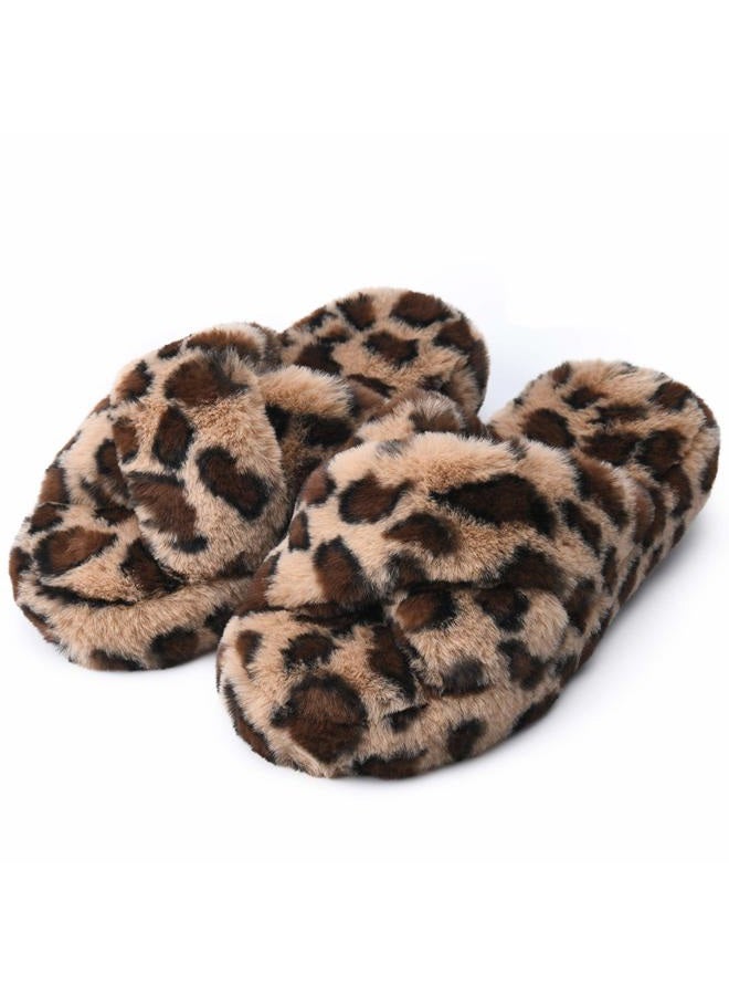 DL Fluffy Womens House Slippers Cross Band Open Toe, Soft Plush Fleece Bedroom Slippers Women Memory Foam, Comfy Fuzzy Slip On Non-Slip Womens Slippers Indoor Leopard Size 7-8 - Image 1